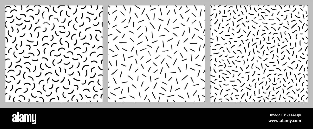 Small dash pattern on white background set. Hand drawn small black dash seamless pattern. Simple minimal abstract, geometric texture design seamless background. Vector illustration Stock Vector