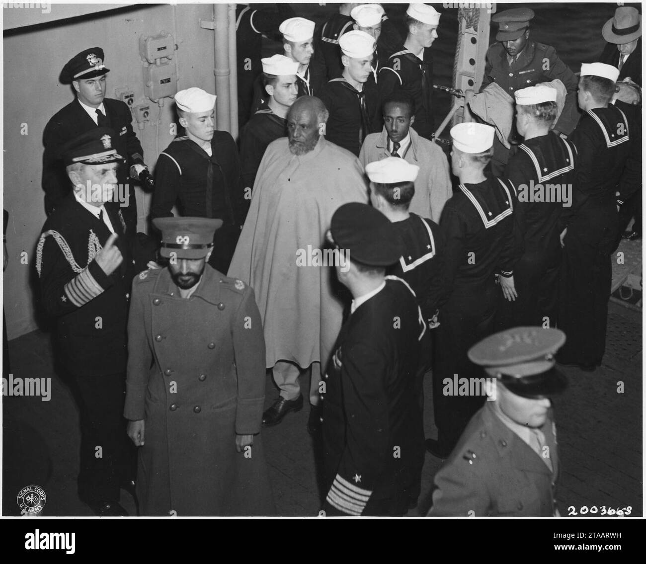 Visit of Emperor Haile Selassie of Ethiopia on USS Quincy in Great Bitter Lake, Egypt. Stock Photo