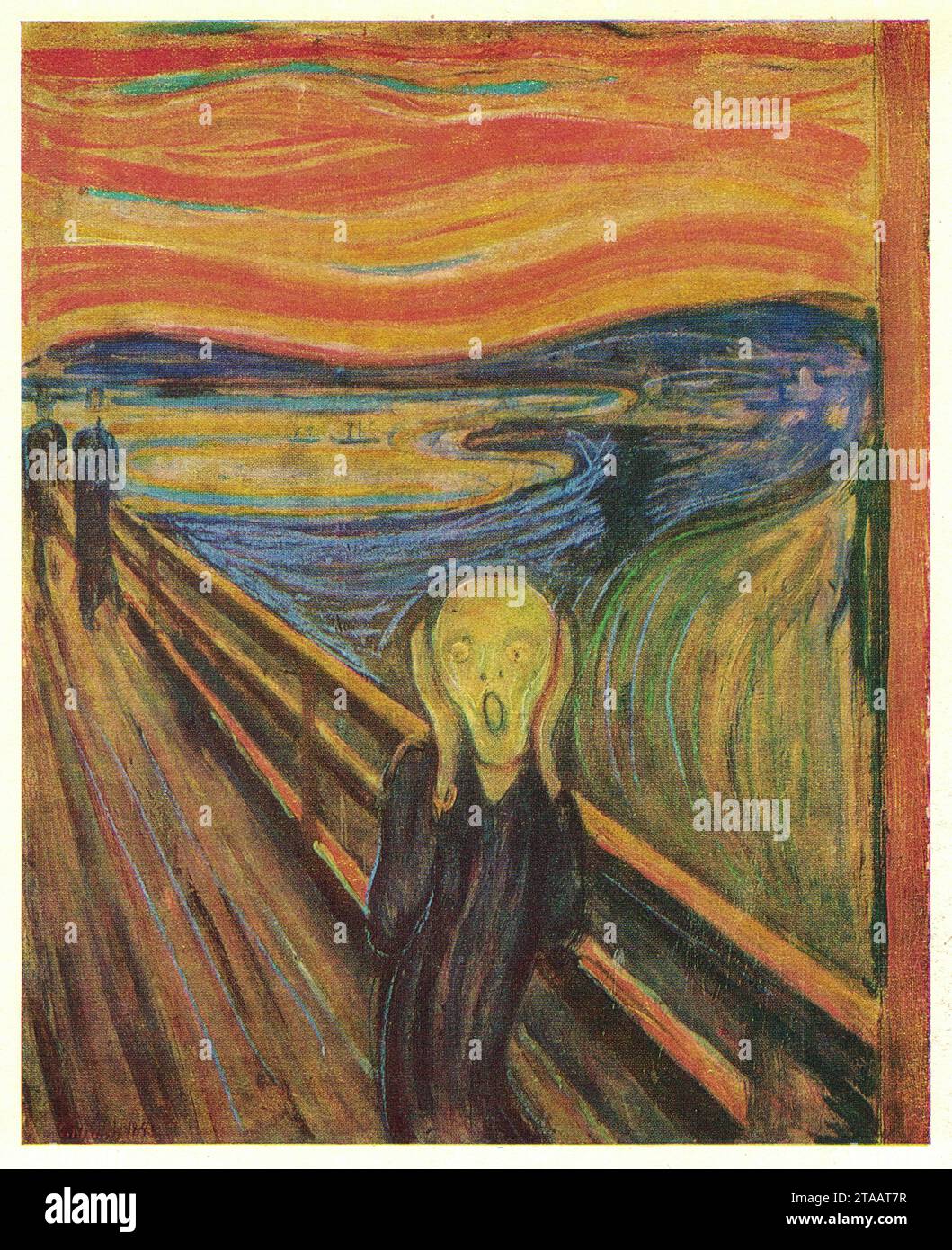 Artwork The Scream by Edvard Munch, 1893. oil on canvas. Edvard Munch (12 December 1863 – 23 January 1944) was a Norwegian painter. His 1893 work, The Scream, has become one of Western art's most acclaimed images. The Scream is Munch's most famous work, and one of the most recognizable paintings in all art. It has been widely interpreted as representing the universal anxiety of modern man. Painted with broad bands of garish color and highly simplified forms, and employing a high viewpoint, it reduces the agonized figure to a garbed skull in the throes of an emotional crisis. With this pain Stock Photo