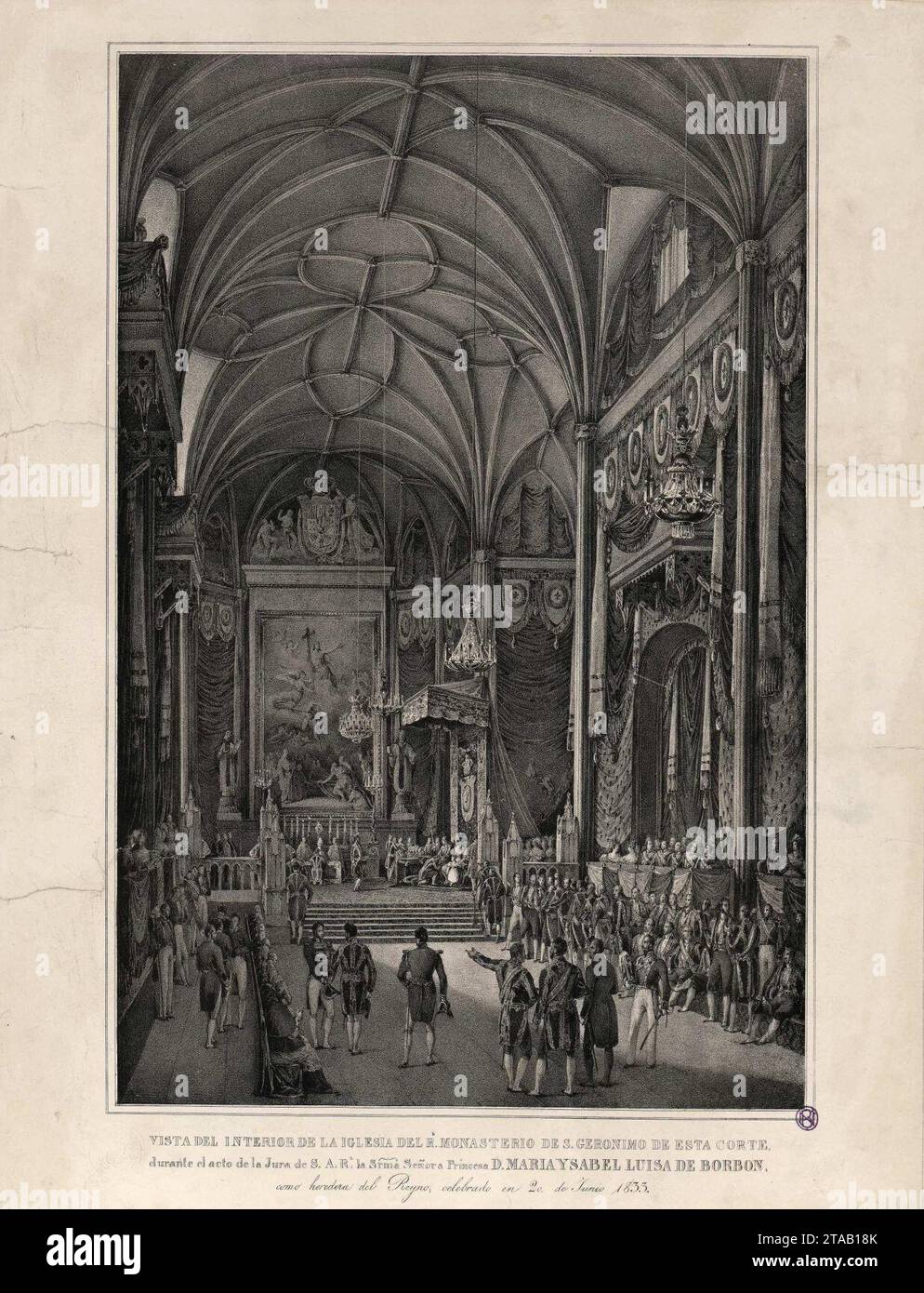 Vista del interior de la iglesia de real monasterio de San Jerónimo de esta corte durante el acto de la Jura de S.A.R.. la Srma. Señora Princesa D. maría Isabel Luisa de Borbón. Stock Photo