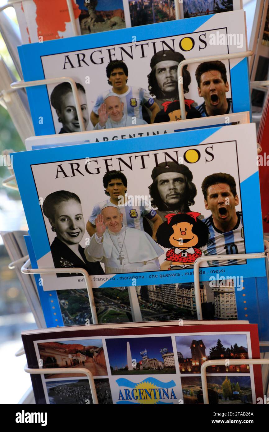 Postcards of famous Argentine of Eivita,Pope Francis,Maradona,Che Guevara and Messi for sale in a souvenir shop.Buenos Aires.Argentina Stock Photo