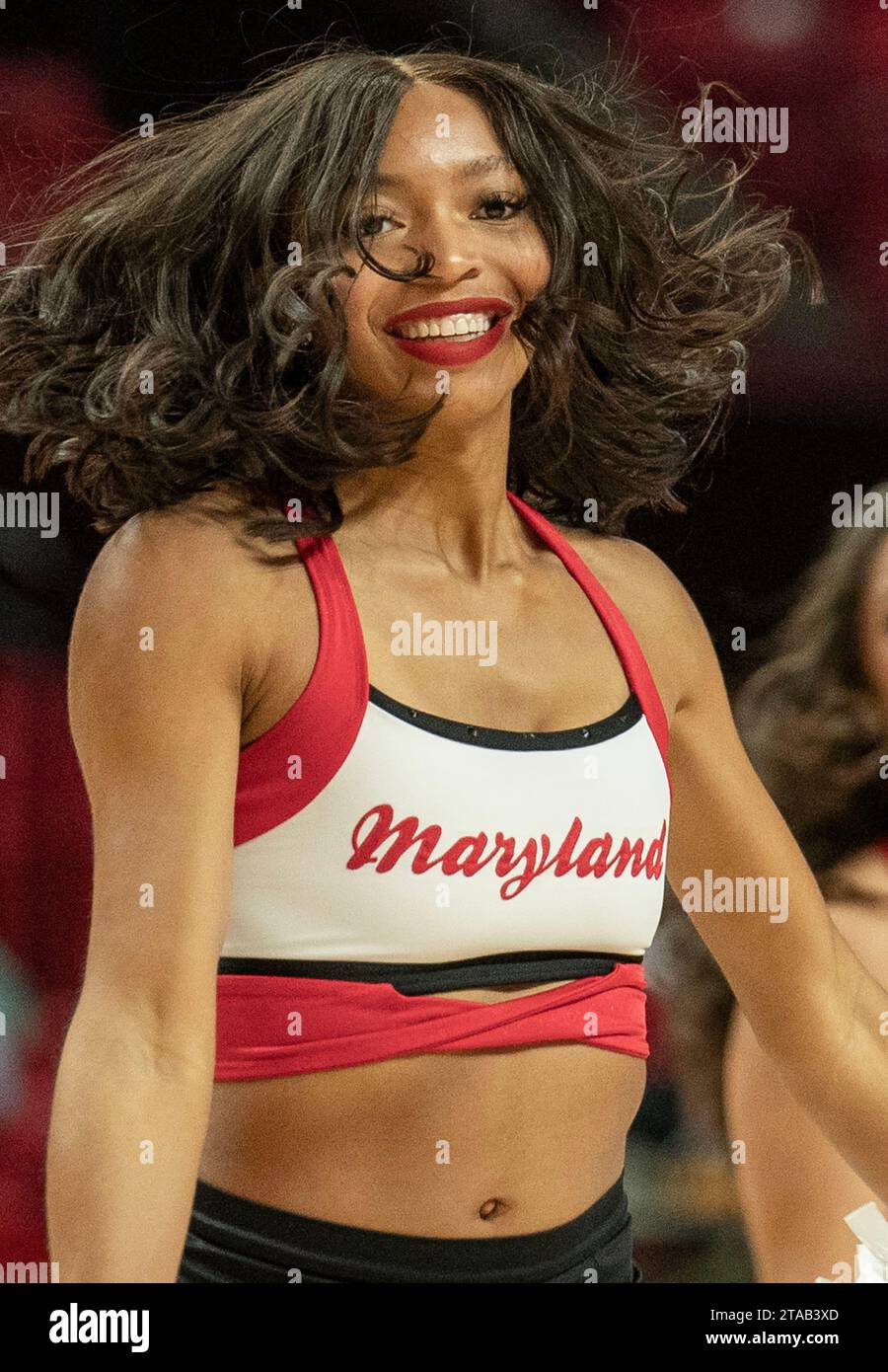 College Park, USA. 29th Nov, 2023. COLLEGE PARK, MD. - NOVEMBER 29: Maryland cheerleader performing during a time out during a women's college basketball game between the Niagara Purple Eagles and the Maryland Terrapins, on November 29, 2023, at Xfinity Center, in College Park, Maryland. (Photo by Tony Quinn/SipaUSA) Credit: Sipa USA/Alamy Live News Stock Photo