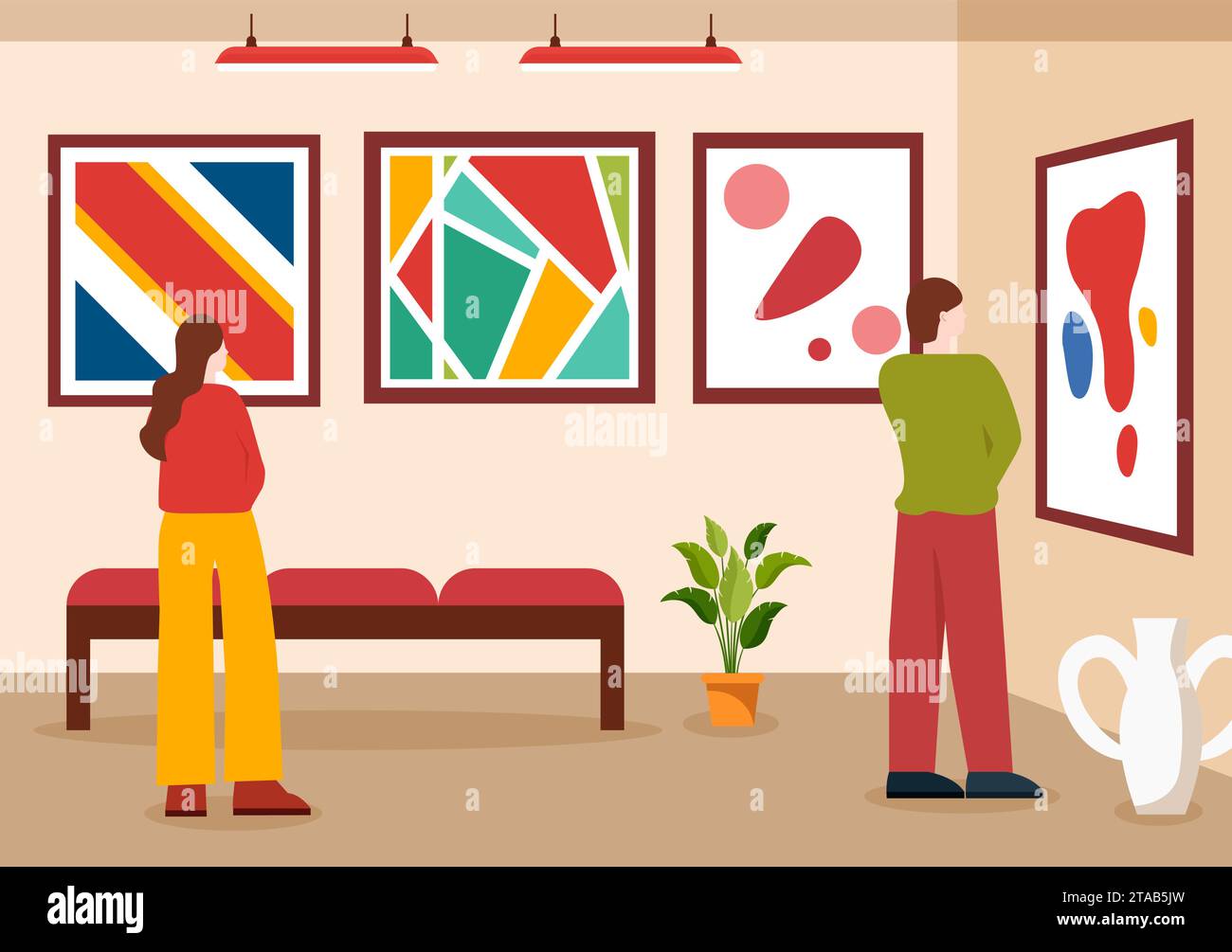 Exhibition Visitors Viewing a Gallery with Modern Abstract Painting at