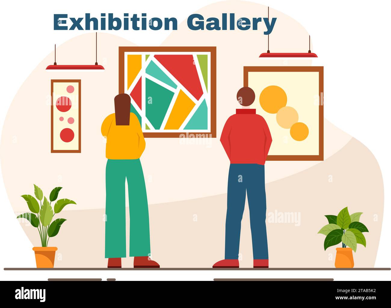 Exhibition Visitors Viewing a Gallery with Modern Abstract Painting at