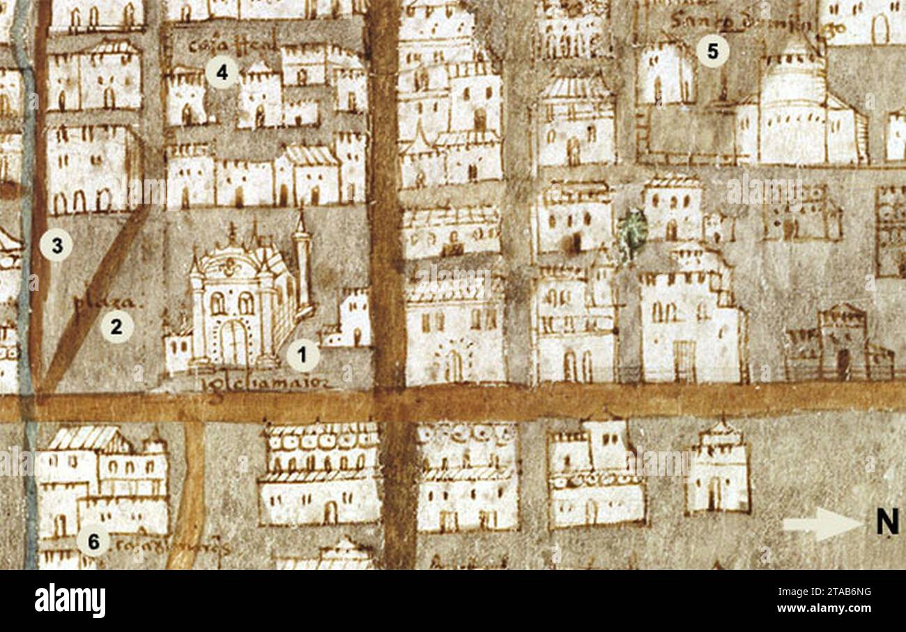 Vista parcial del centro de la Ciudad de México alrededor del año de 1550 según se muestra en el Mapa de Uppsala. Stock Photo