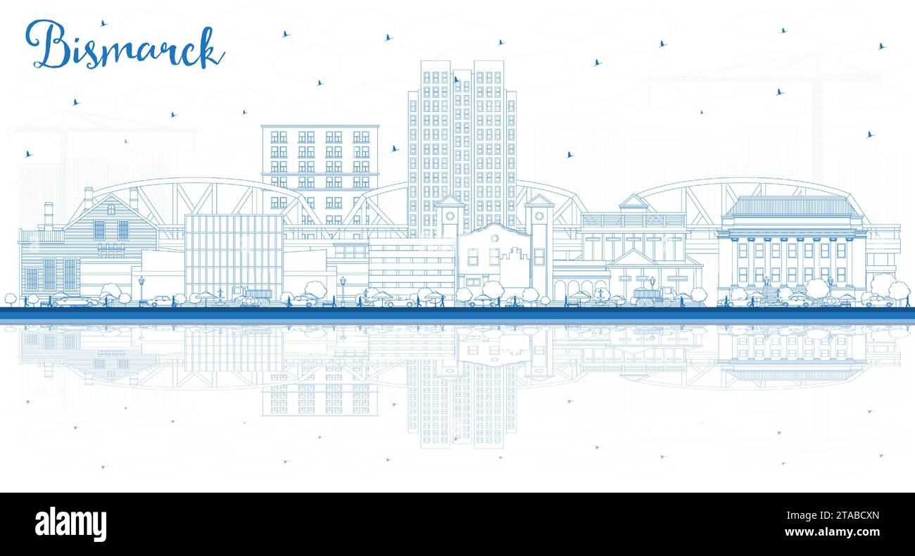 Outline Bismarck North Dakota City Skyline with Blue Buildings and reflections. Vector Illustration. Bismarck USA Cityscape with Landmarks. Stock Vector