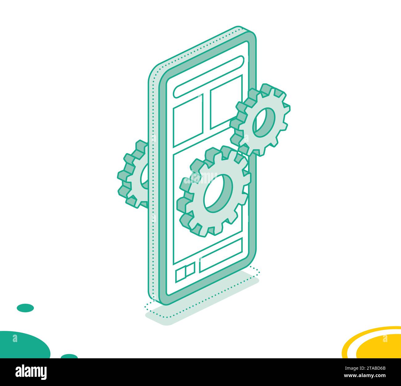Isometric concept with smartphone and gearwheel. Application settings. Setup icon. Vector illustration. Outline 3d objects isolated. Stock Vector