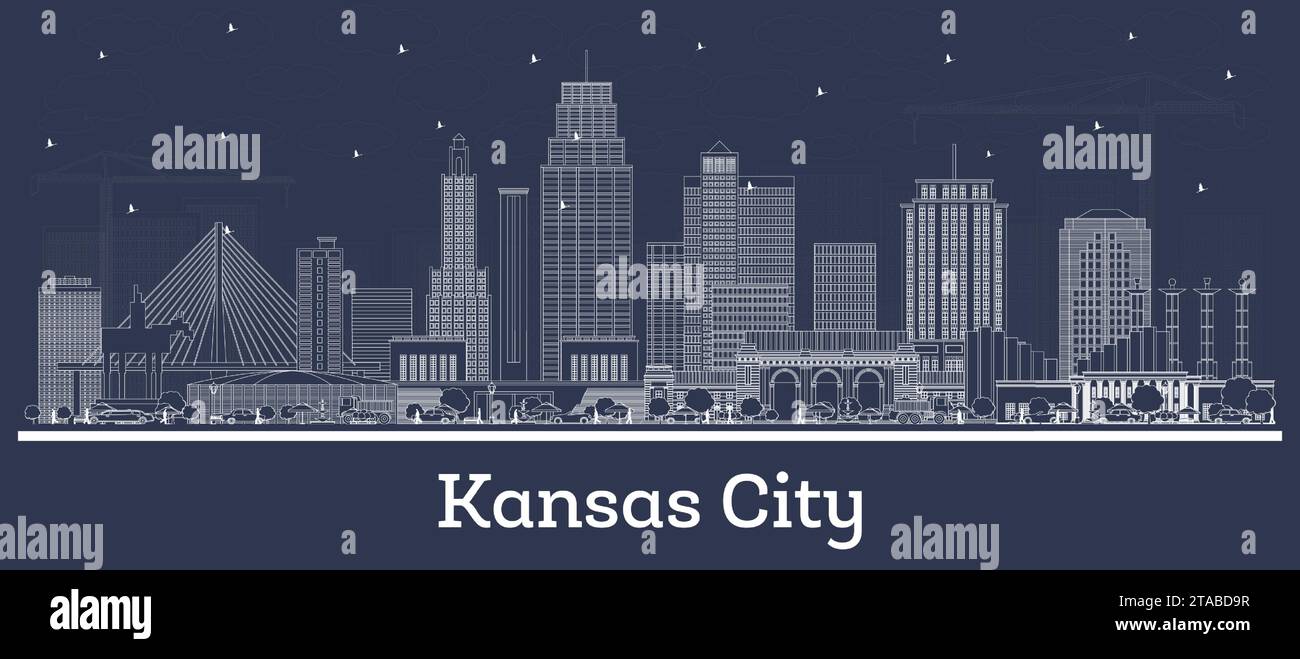 Outline Kansas City Missouri city skyline with white buildings. Vector
