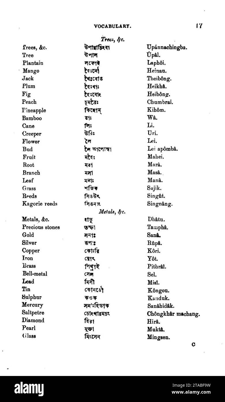 Vocabulary of Meitei language (Manipuri language) published in ''A