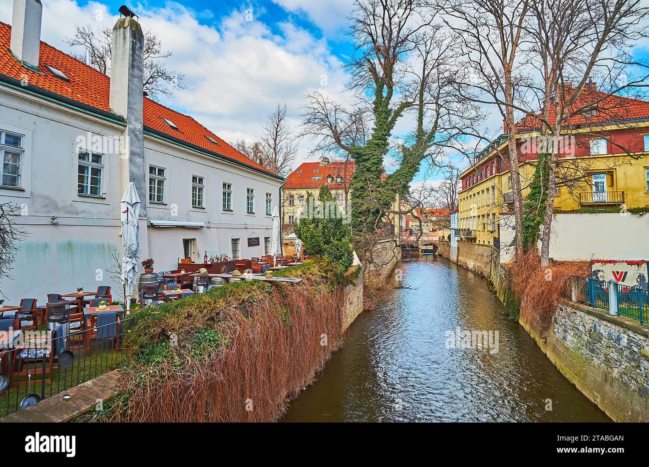 The line of historic houses, hotels and restaurants along the Devil's Canal, Mala Strana, Prague, Czechia Stock Photo