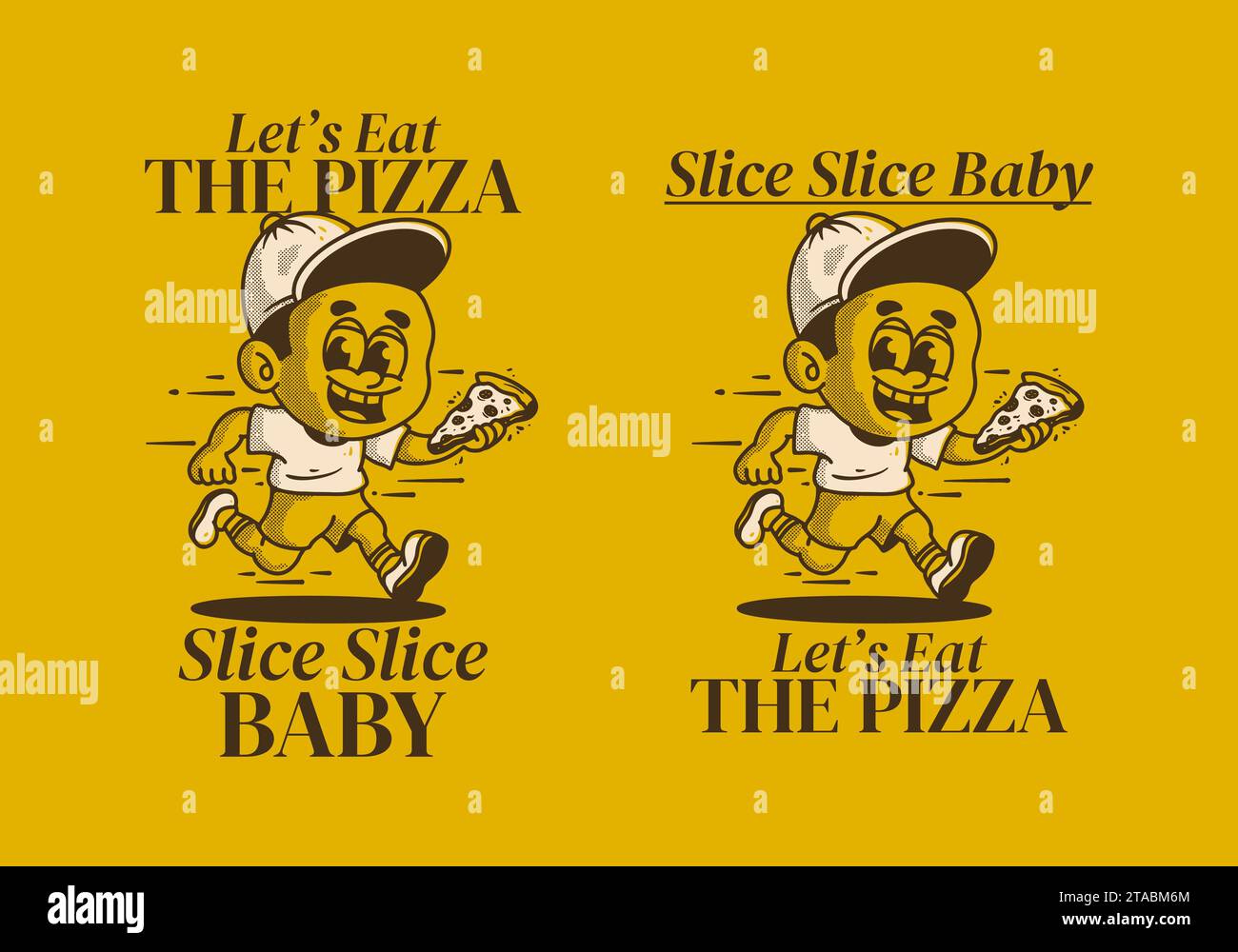 Let's eat the pizza. A boy character running and holding a slice pizza