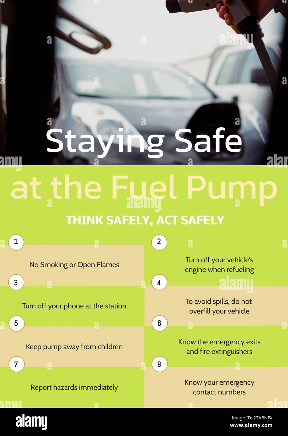 Staying safe at the fuel pump, act safely text with list and asian man