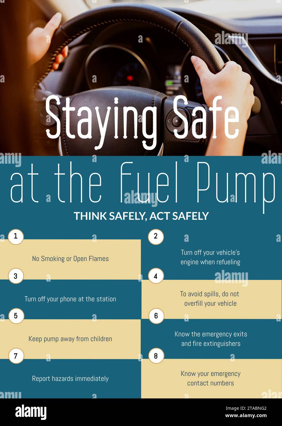 Staying safe at the fuel pump, act safely text with safety list and