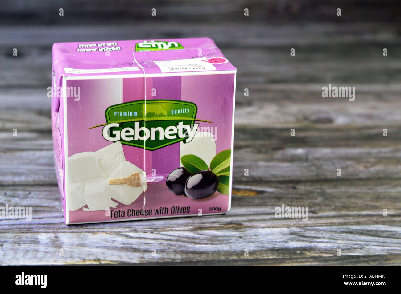 Cairo, Egypt, November 23 2023 feta cheese with olives, produced using pasteurized cow