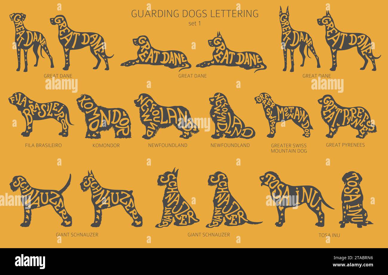Dog breeds silhouettes with lettering, simple style clipart. Guardian ...