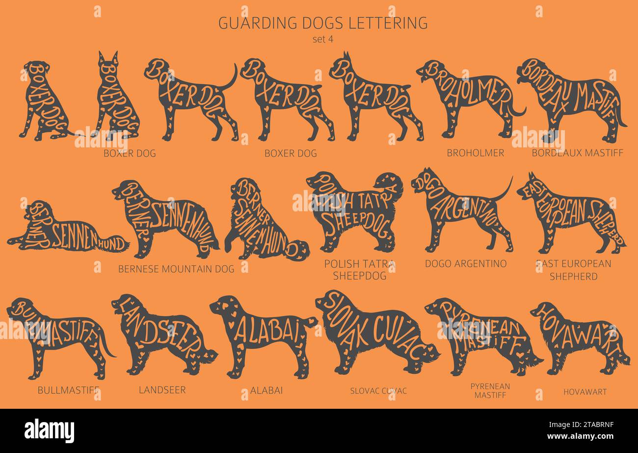 Dog breeds silhouettes with lettering, simple style clipart. Guardian dogs and service dog collection.  Vector illustration Stock Vector