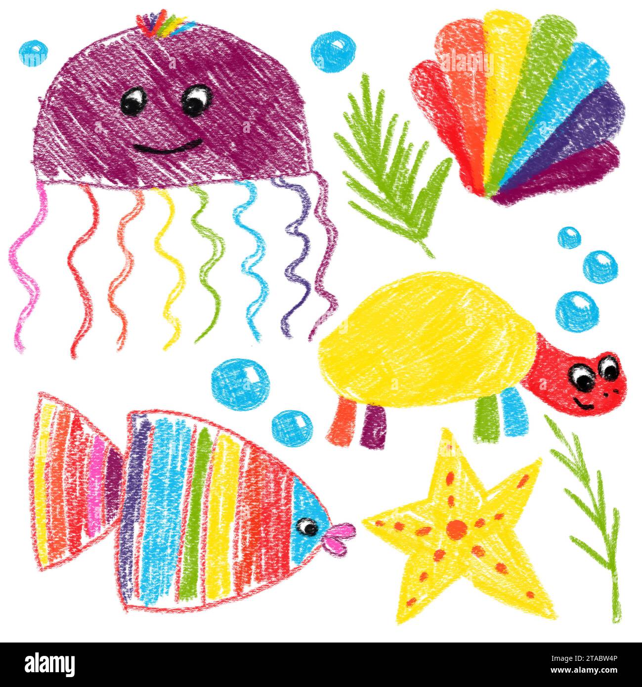 Set of hand-drawn ocean animals on a white background. Sea children's animals: turtle, jellyfish, fish. Details: starfish, shell, algae, bubbles. Kid' Stock Photo