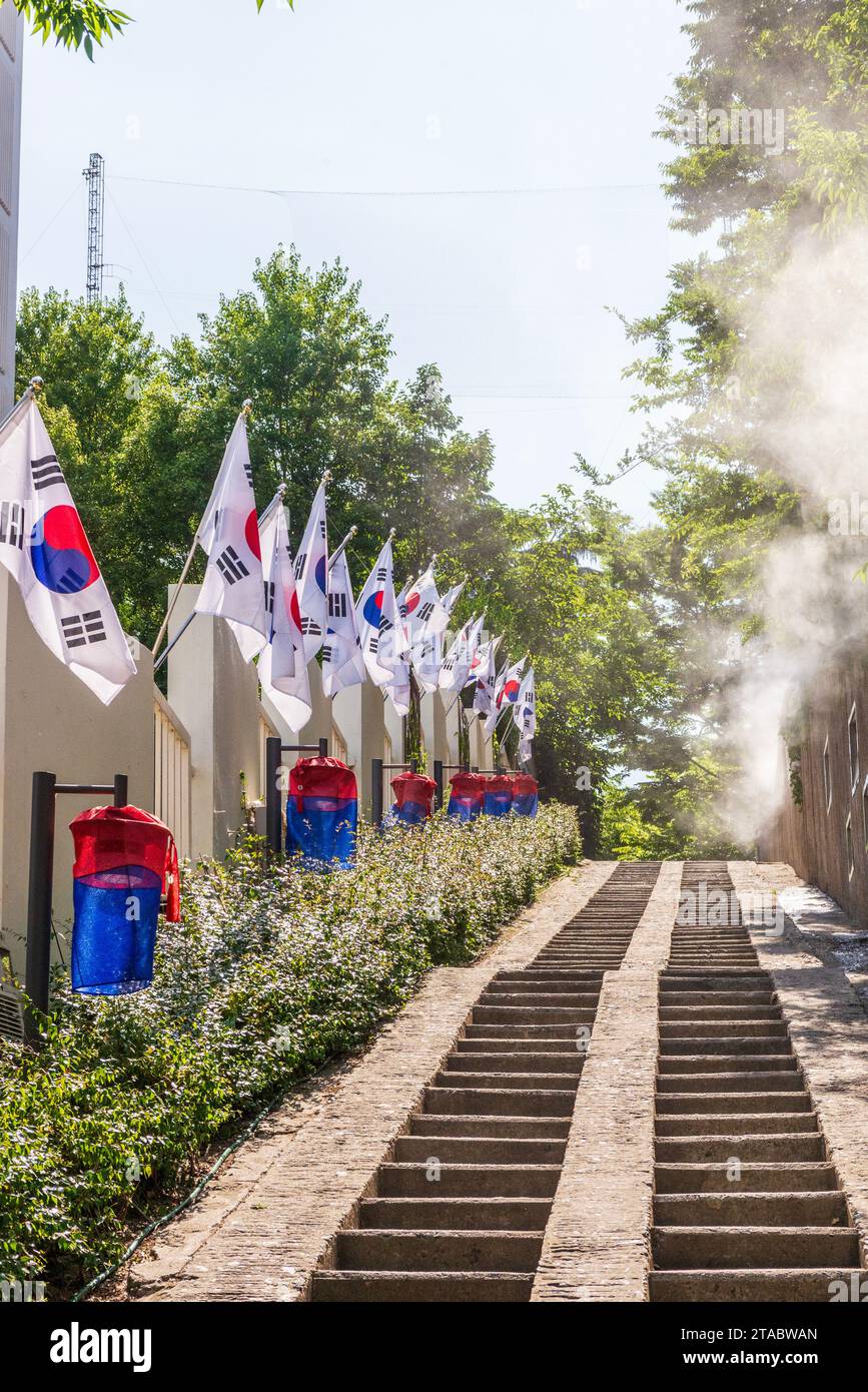 March 1st Independence Movement Road with Korea National Flags Stock Photo