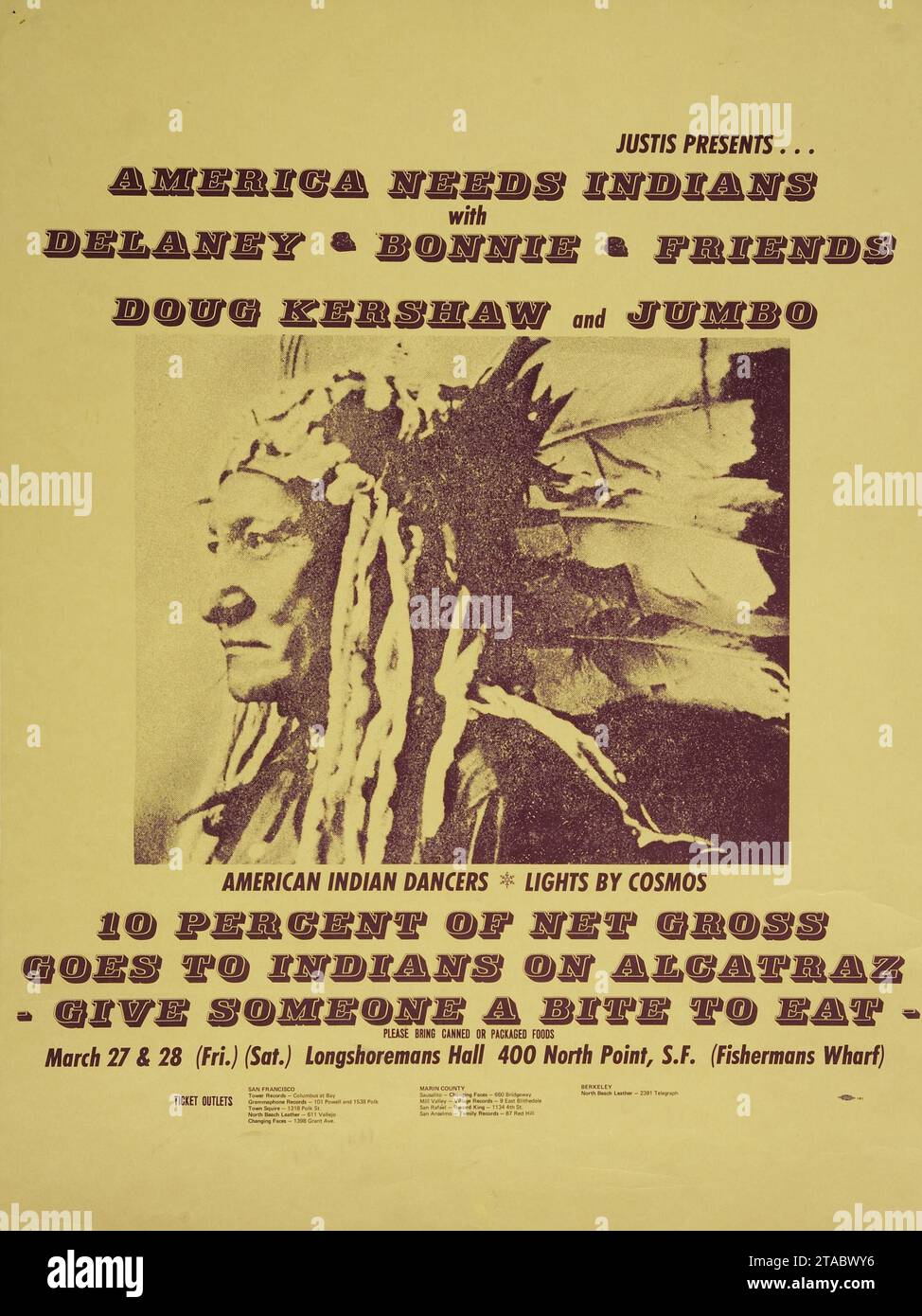 Benefint concert - Delaney & Bonnie America Needs Indians - American Indian Dancers, Old Concert Poster feat a Native American with bonnet Stock Photo