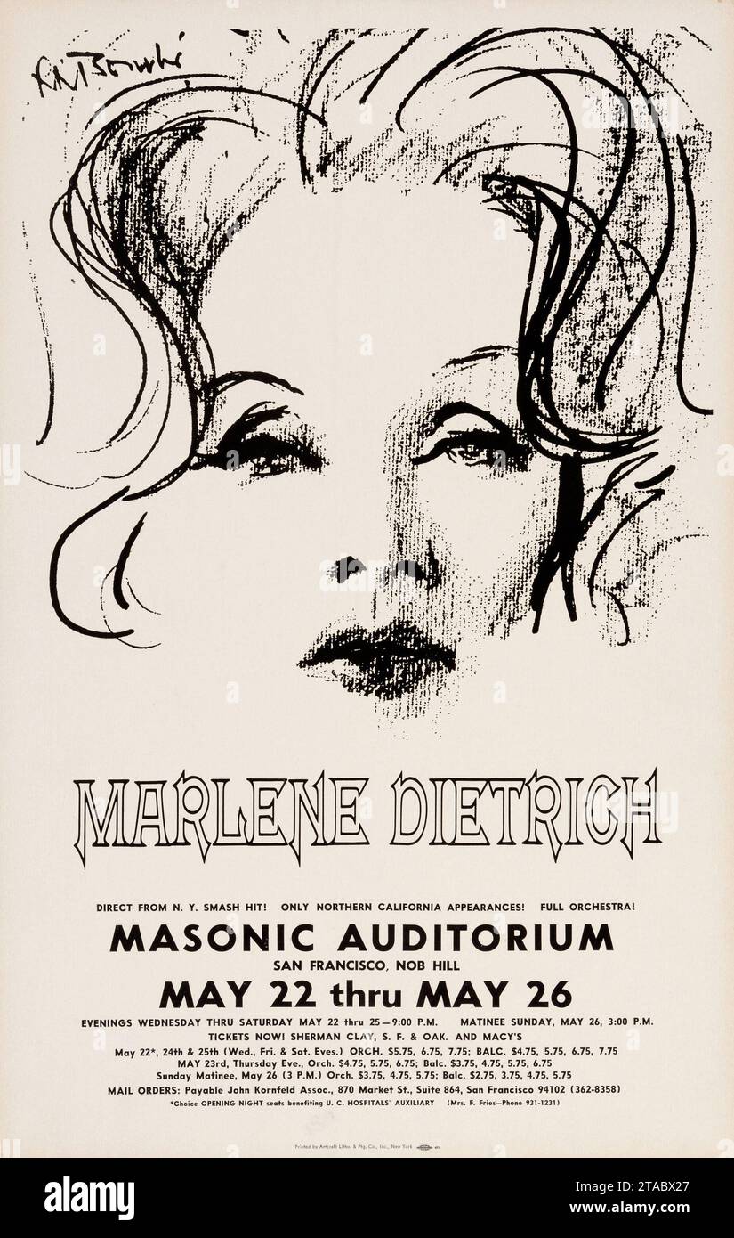 Marlene Dietrich Masonic Auditorium, San Francisco, Concert Poster ...