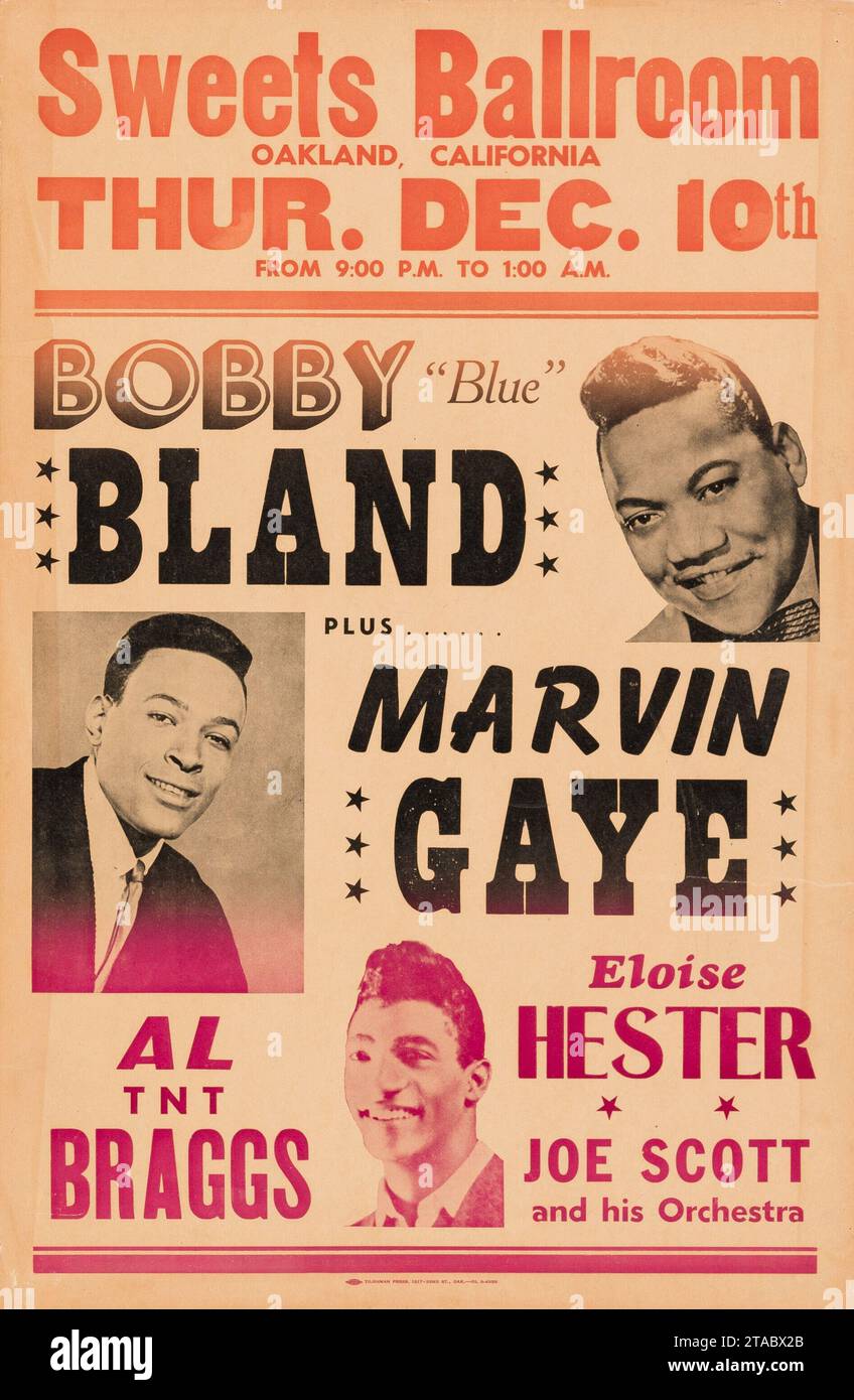 Old Concert Poster - Marvin Gaye, Bobby 'Blue' Bland, Al TNT Braggs - 1964 Sweets Ballroom, Oakland, California Stock Photo
