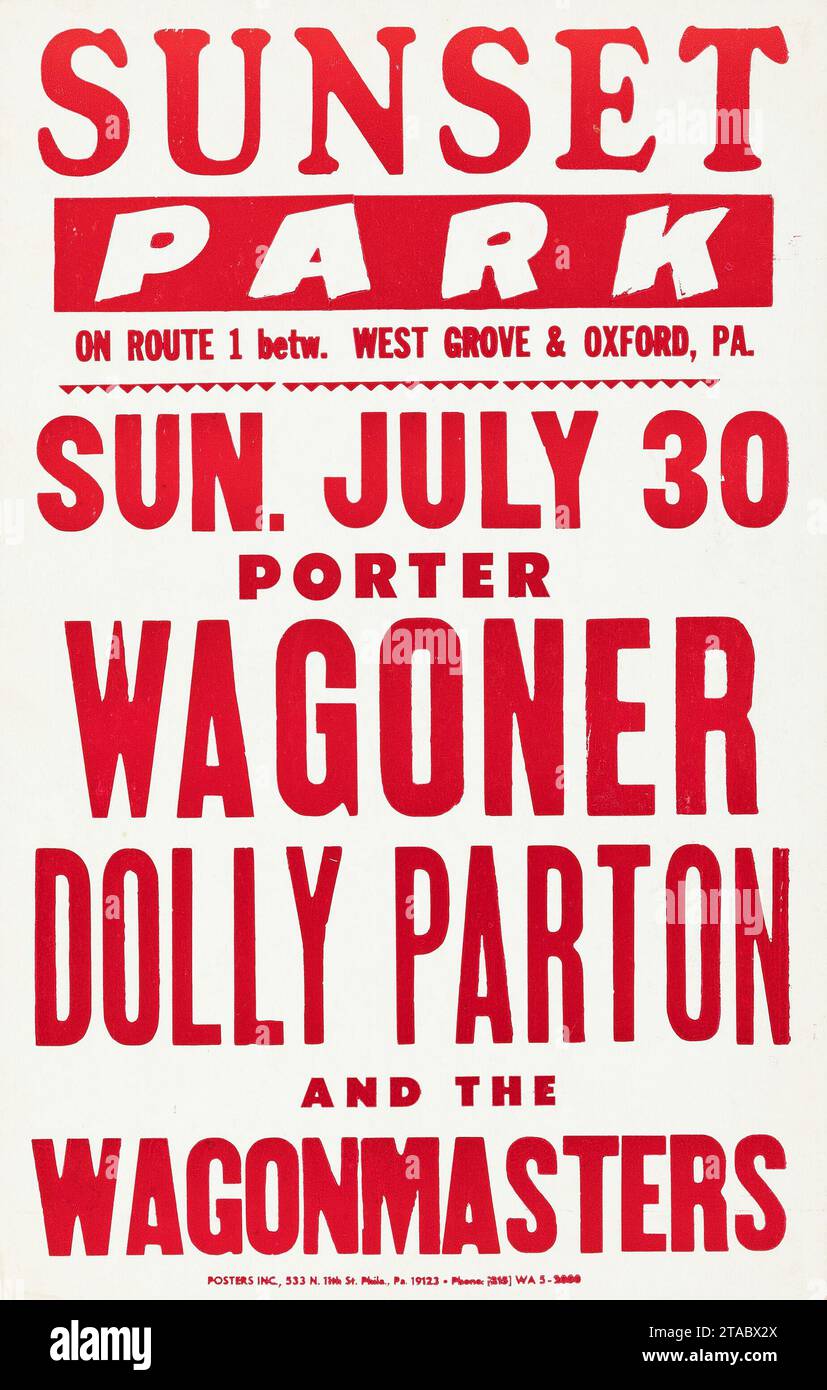 Sunset Park, West Grove & Oxford PA - Dolly Parton, Porter Wagoner 1972 Pennsylvania - Vintage Concert Poster Stock Photo