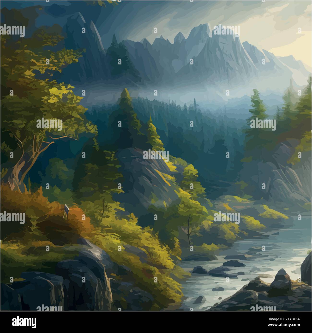 Incredible mountain landscape in clouds with forest and a river. Vector ...