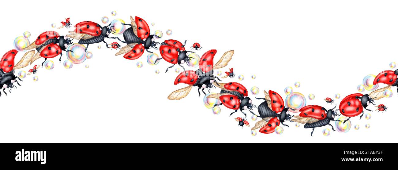 Watercolor illustration horizontal pattern Red ladybugs with black dots ...