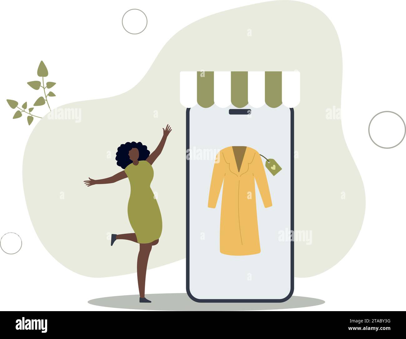 Eco store online woman chooses a coat on a smartphone.flat vector illustration. Stock Vector