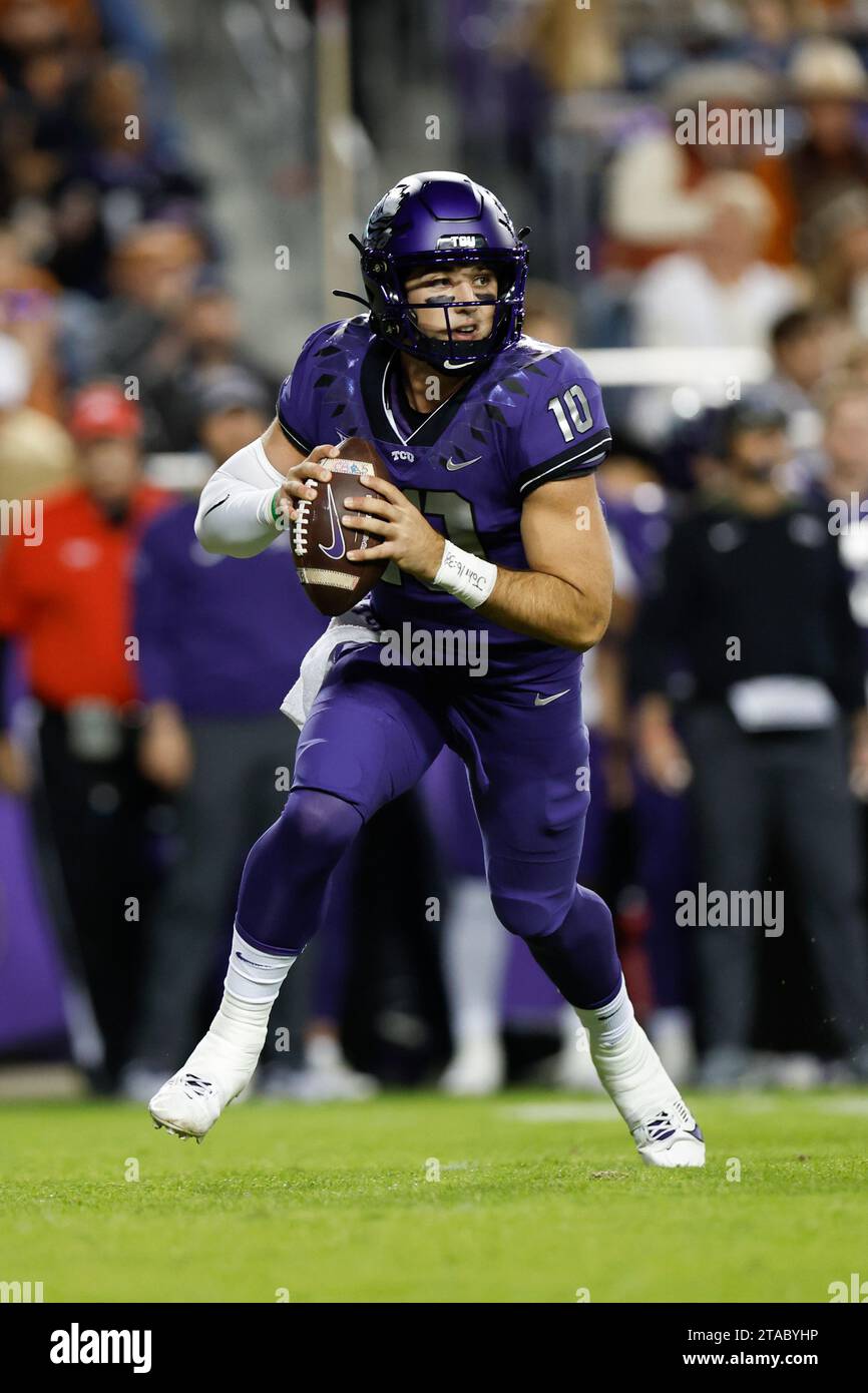 TCU Quarterback Josh Hoover 10 Looks To Pass During An NCAA College Tcu Quarterback Josh Hoover 10 Looks To Pass During An Ncaa College Football Game Against Texas Saturday Nov 11 2023 In Fort Worth Texas Matt Patterson Via Ap 2TABYHP