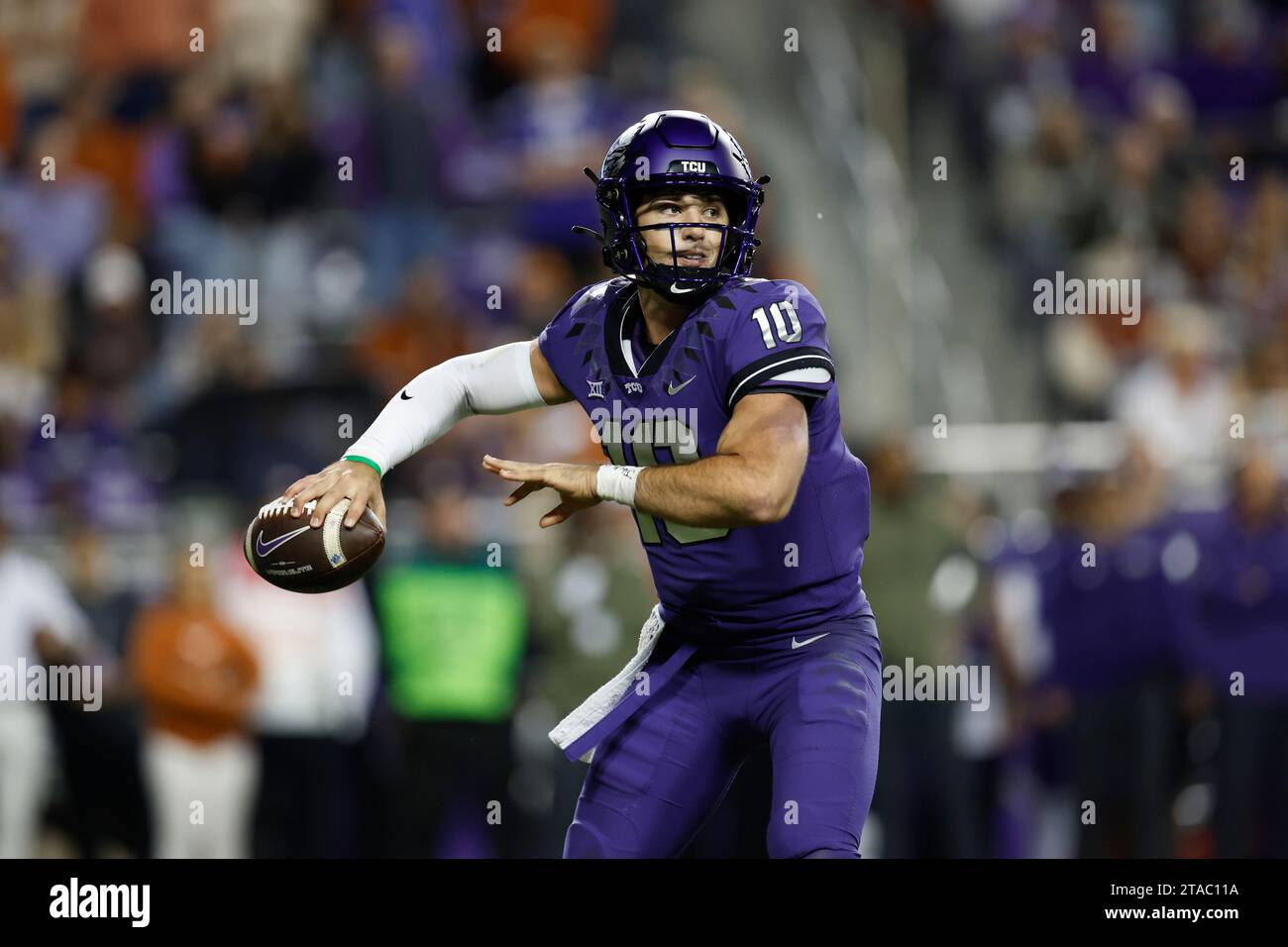 TCU Quarterback Josh Hoover 10 Throws A Pass During An NCAA College Tcu Quarterback Josh Hoover 10 Throws A Pass During An Ncaa College Football Game Against Texas Saturday Nov 11 2023 In Fort Worth Texas Matt Patterson Via Ap 2TAC11A