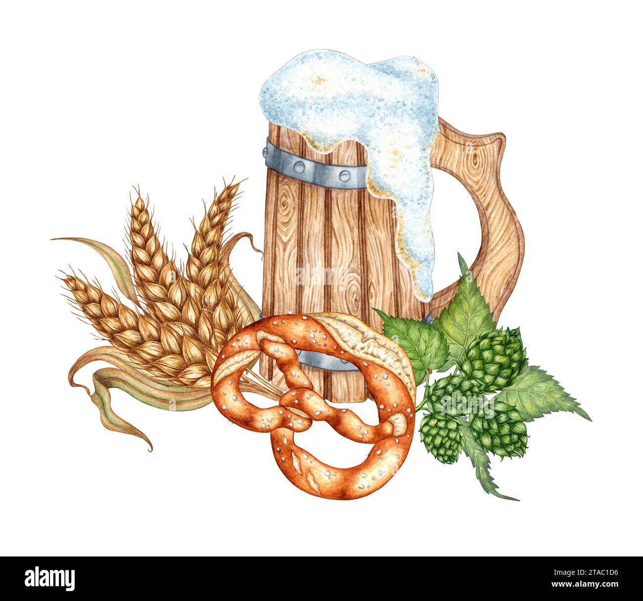 Watercolor illustration of beer with foam in a mug with hops, ears of wheat and pretzel. Harvest festival, Oktoberfest beer festival. Compositions for Stock Photo