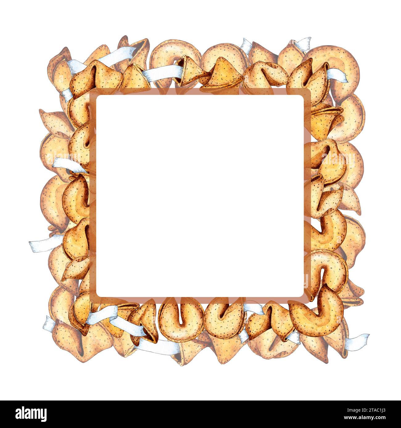 Watercolor illustration of a square fortune cookie frame. Chinese