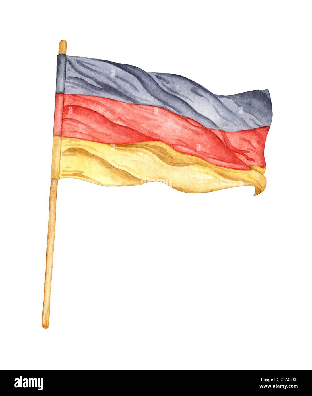 Watercolor illustration of the flag of Germany developing in the wind, black, red, yellow colors. National German symbol. Isolated on a white backgrou Stock Photo