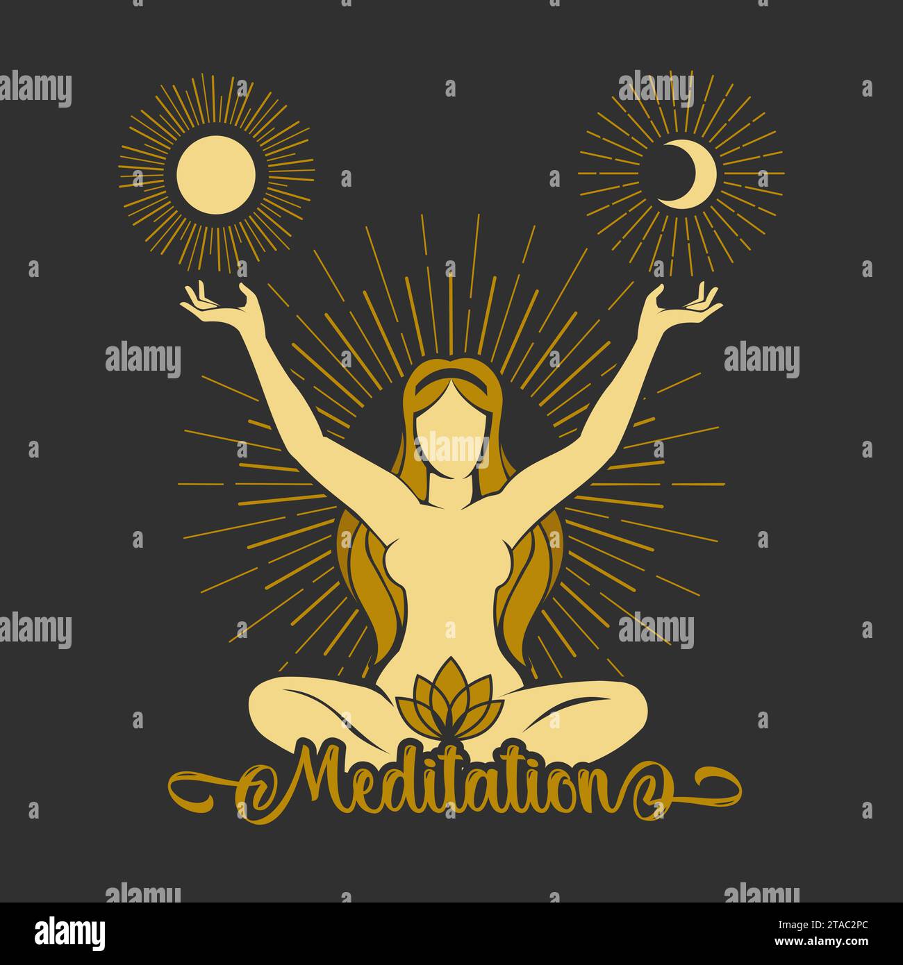 Silhouette of Meditating Young Girl with Sun and Moon Symbol Yoga Concept. Hand Drawn vector illustration Stock Vector