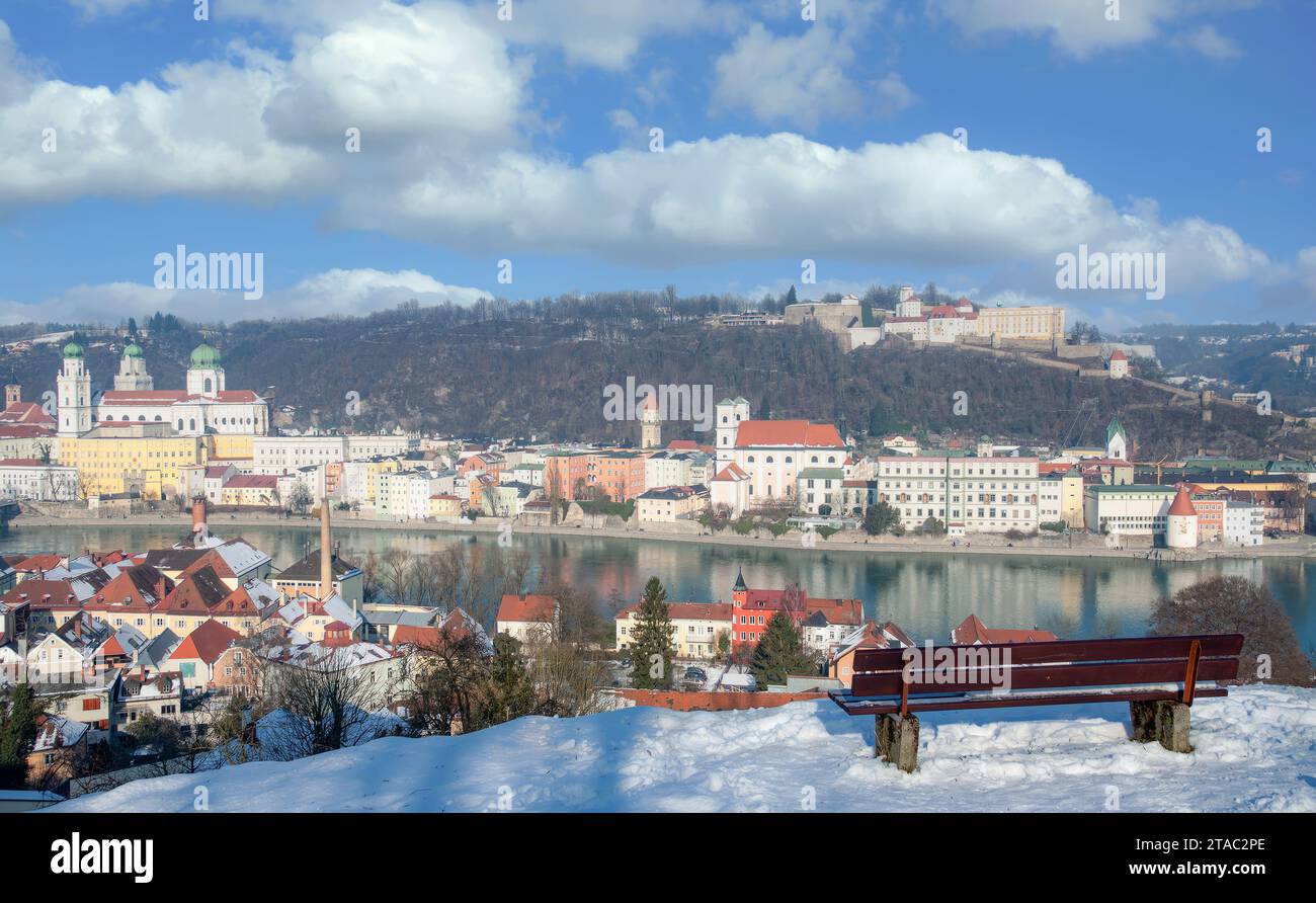 Winter in Passau at the three Rivers Danube,Inn and Ilz in Bavarian Forest,lower Bavaria,Germany Stock Photo