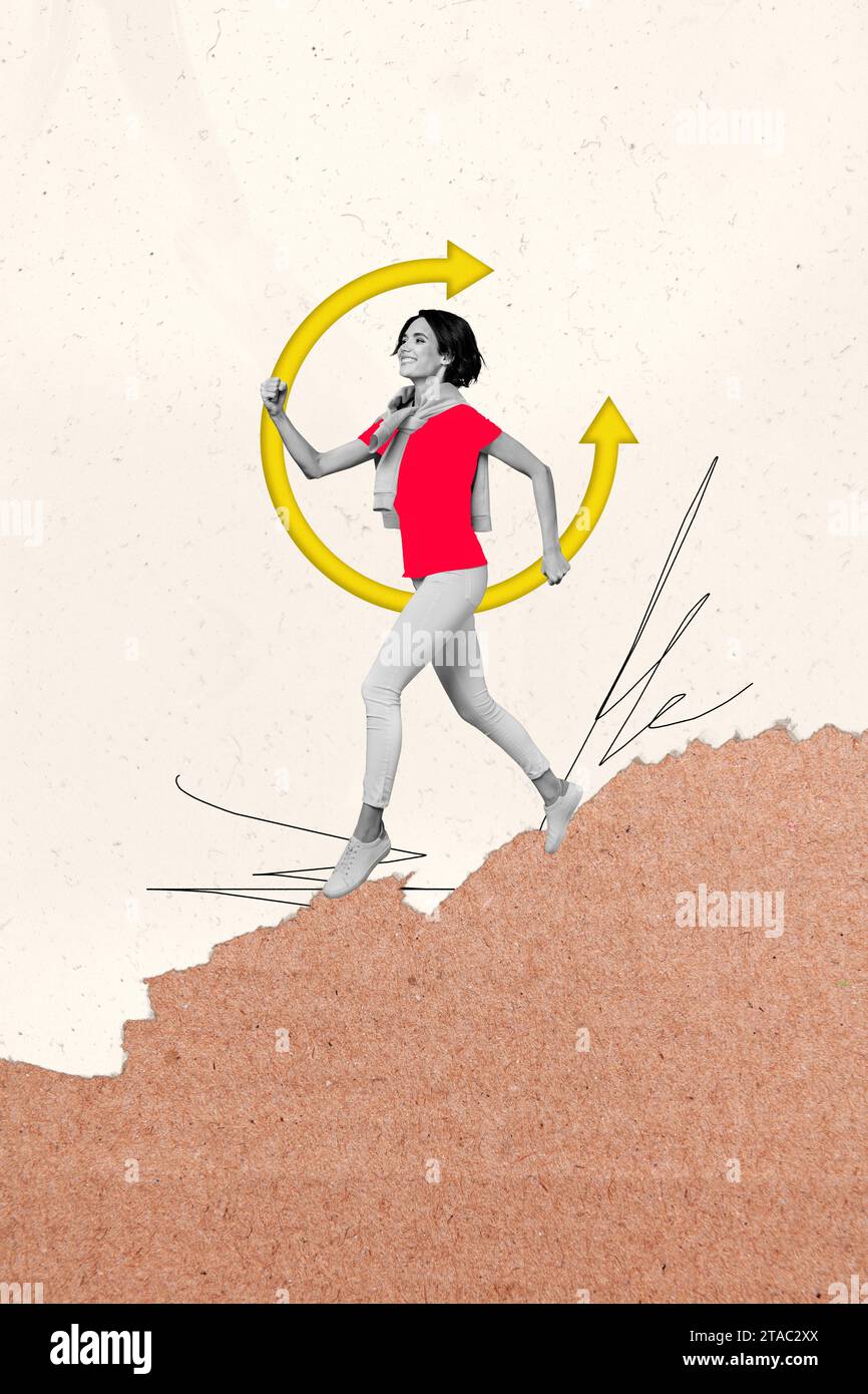 Artwork collage image of sporty girl running direction pointer ...