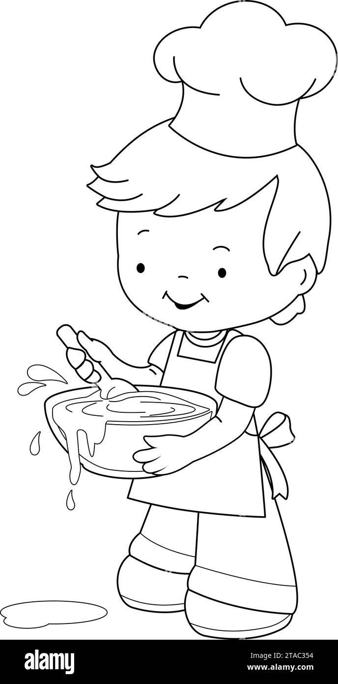 A little boy with a chef uniform cooking and making a mess in the kitchen. Boy chef cooking in the kitchen. Vector black and white coloring page. Stock Vector