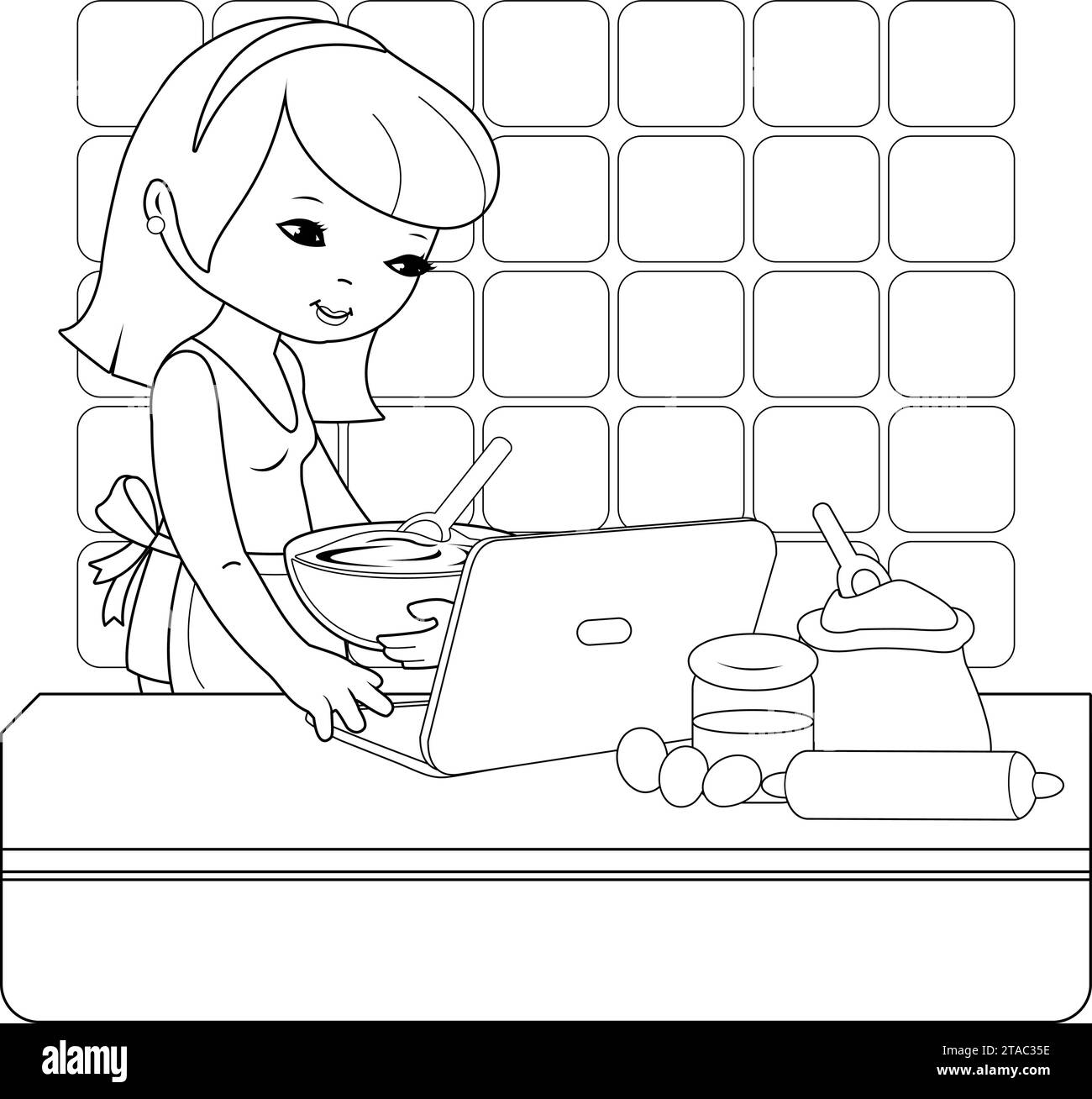 Woman in her kitchen in front of her computer cooking and looking at recipes on the internet. Mother baking in the kitchen at home. Vector black and w Stock Vector