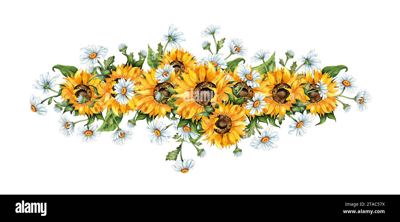 Watercolor illustration of a wreath of yellow sunflowers and white