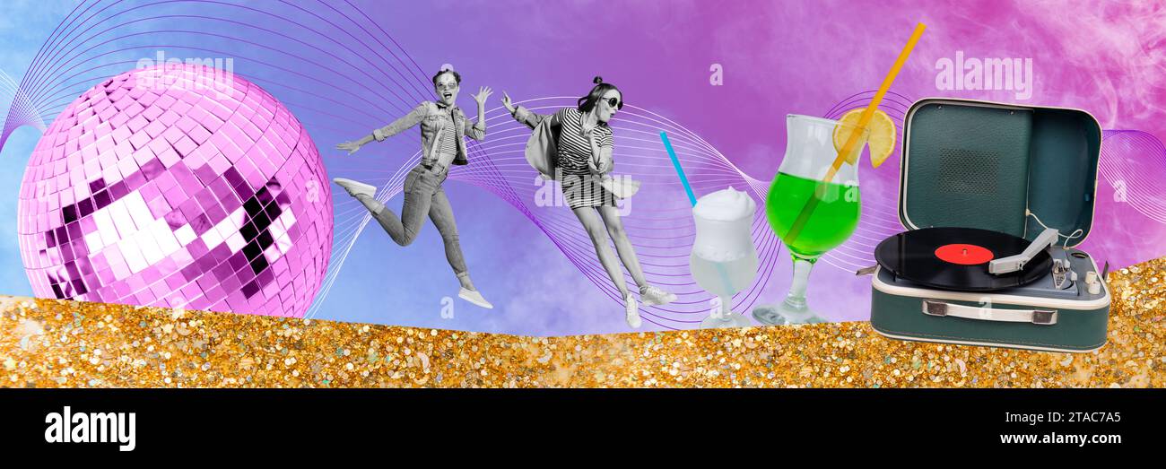 Creative collage picture of two excited carefree black white colors girls dancing jumping huge disco ball vinyl record player cocktail glass Stock Photo