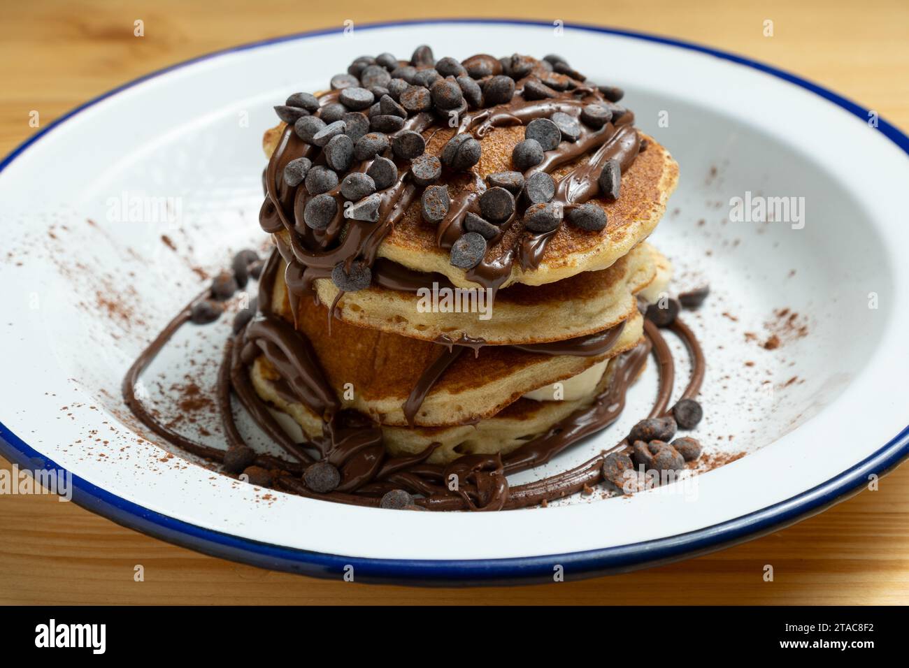 Chocolate chip pancakes and banana breakfast Stock Photo