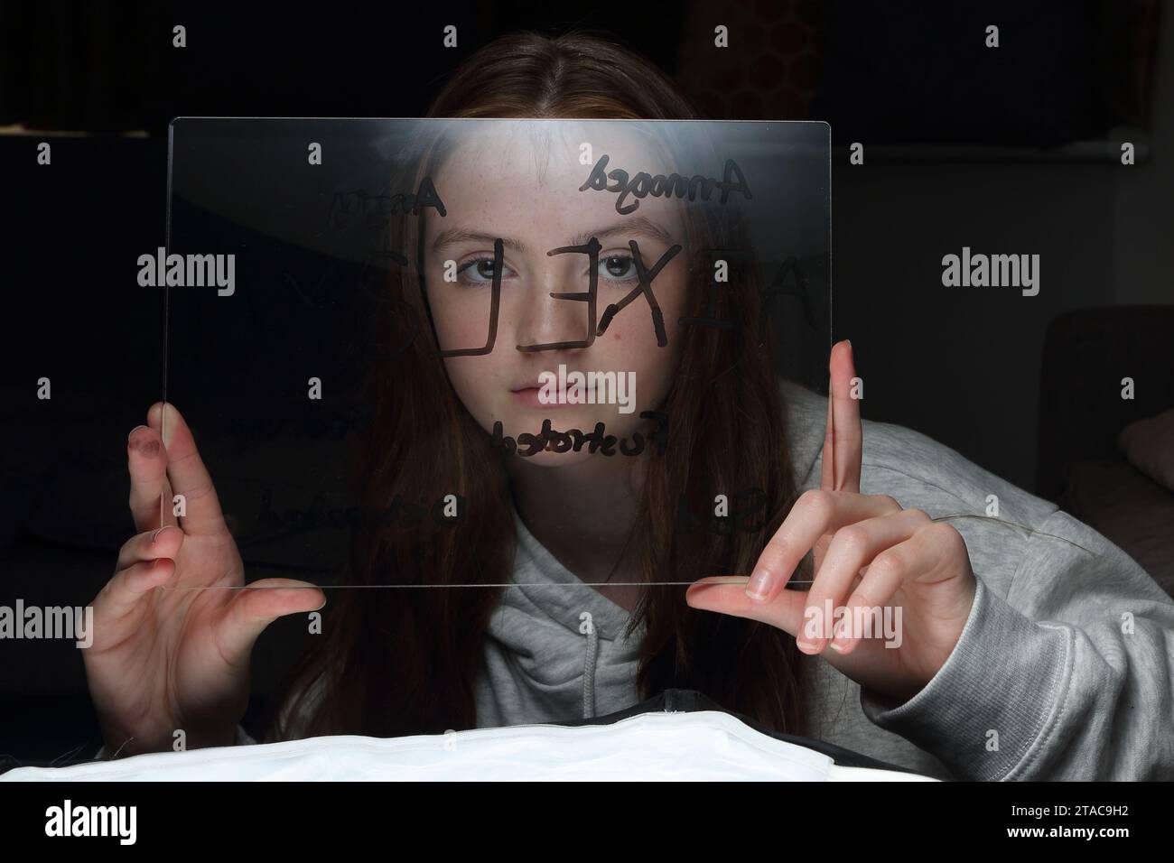 Teenage girl holds transparent plastic board with words related to dyslexia in front of her face, including emotoins triggered by the condition Stock Photo
