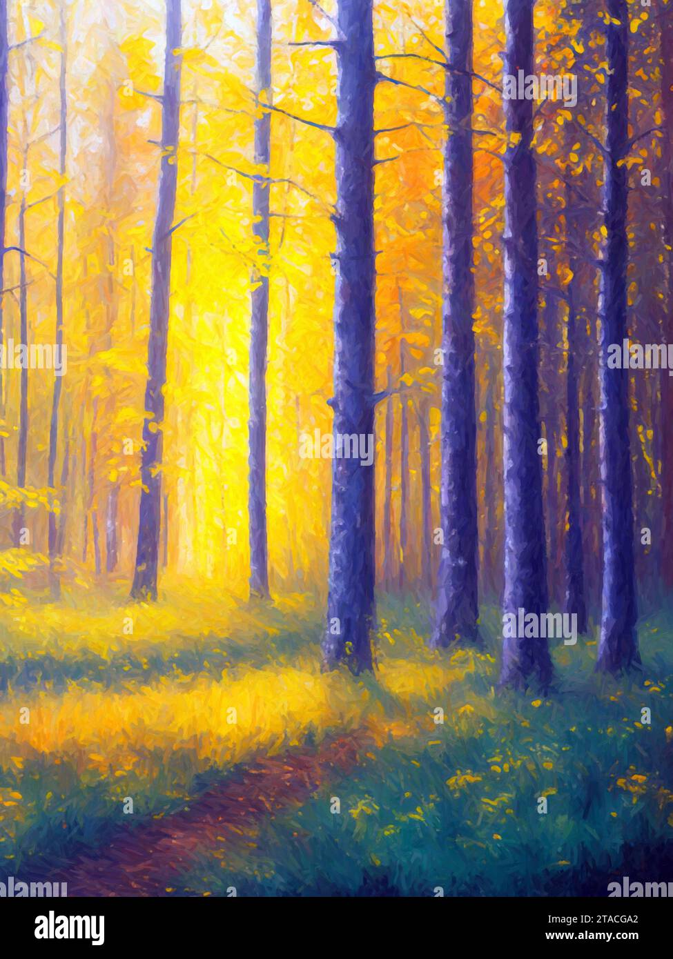 The forest lights Painting (oil on canvas). Stock Photo