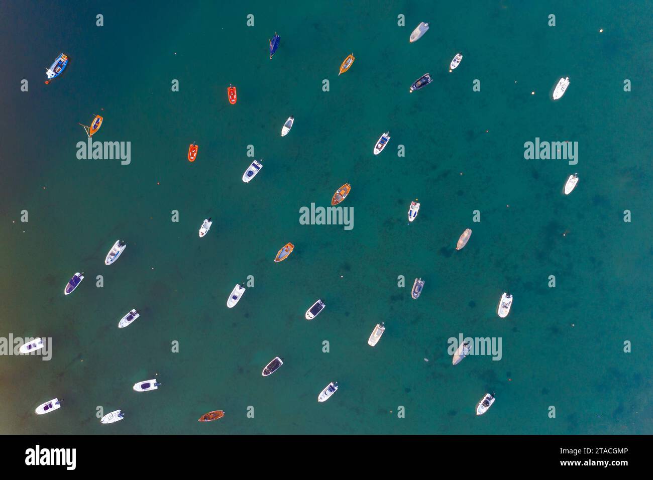 Aerial view of small boats in Salcombe Harbour, South Hams, Devon, England. Autumn (September) 2021. Stock Photo