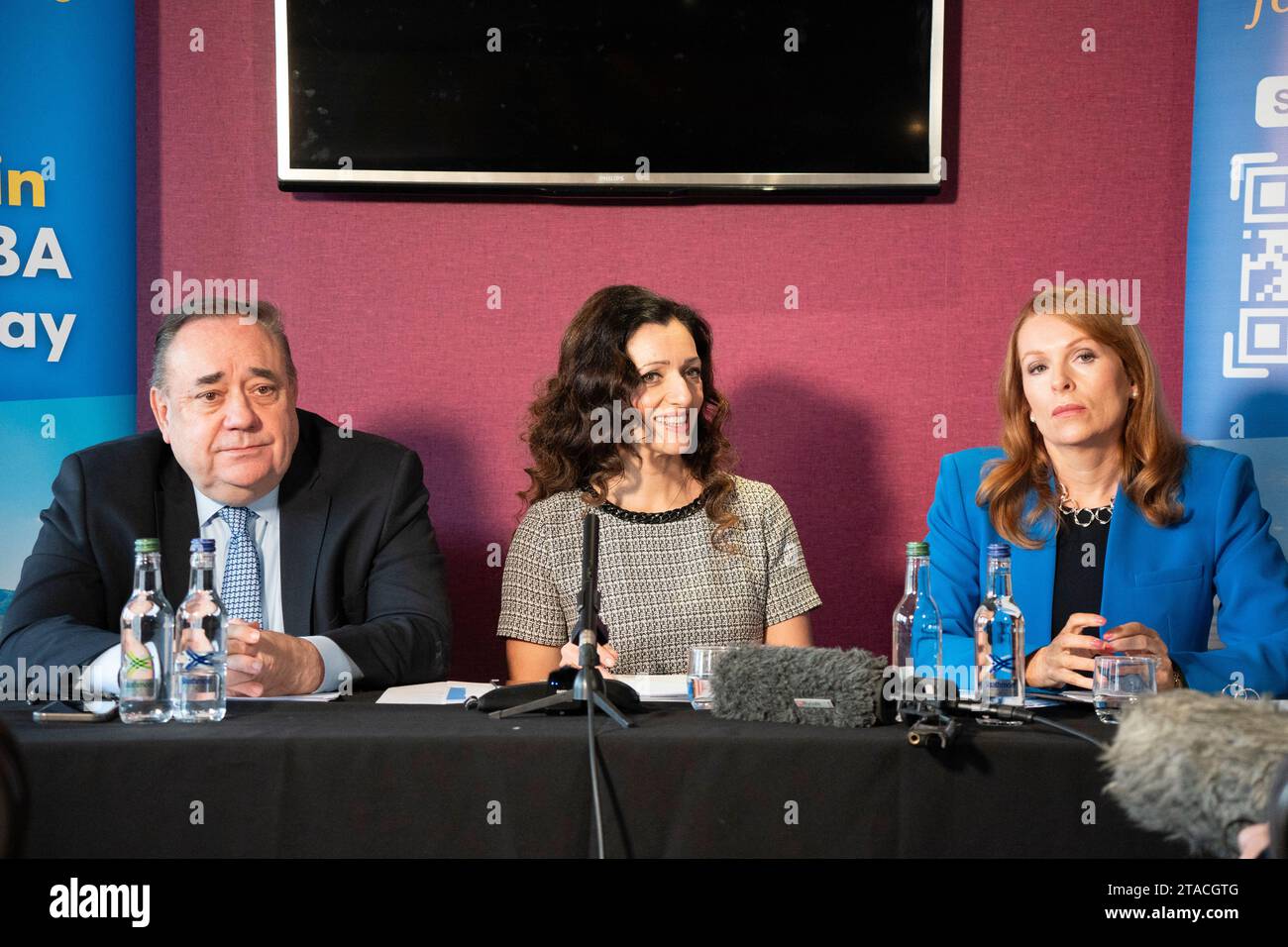 Edinburgh, Scotland, UK. 30th November, 2023. Press conference by Ash Regan MSP, the Alba party Holyrood leader,  alongside former First Minister and Alba Party Leader Alex Salmond and Alba Party Chair Tasmina Ahmed-Sheikh at the Holyrood Hotel in Edinburgh. Ash Regan outlined the Alba Party’s intention to allow the public to decide whether the Scottish Parliament should be given the extra powers to Iain Masterton/Alamy Live News Stock Photo