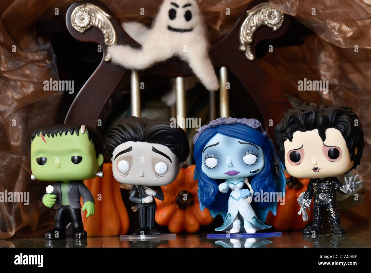 Funko Pop action figures of horror characters Frankenstein's monster, Edward Scissorhands, Emily and Victor from Corpse Bride. Halloween  decorations. Stock Photo