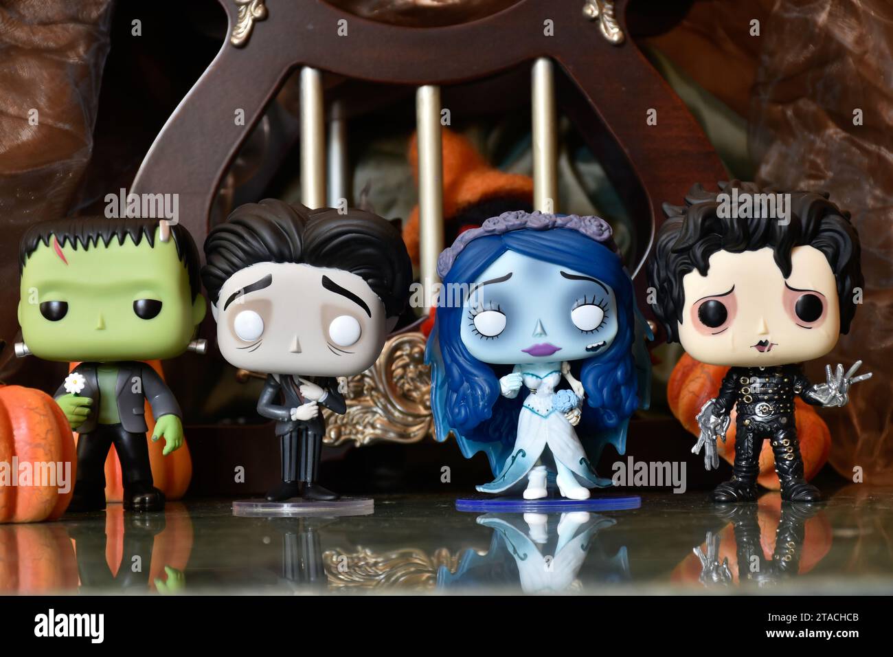 Funko Pop action figures of horror characters Frankenstein's monster, Edward Scissorhands, Emily and Victor from Corpse Bride. Halloween  decorations. Stock Photo