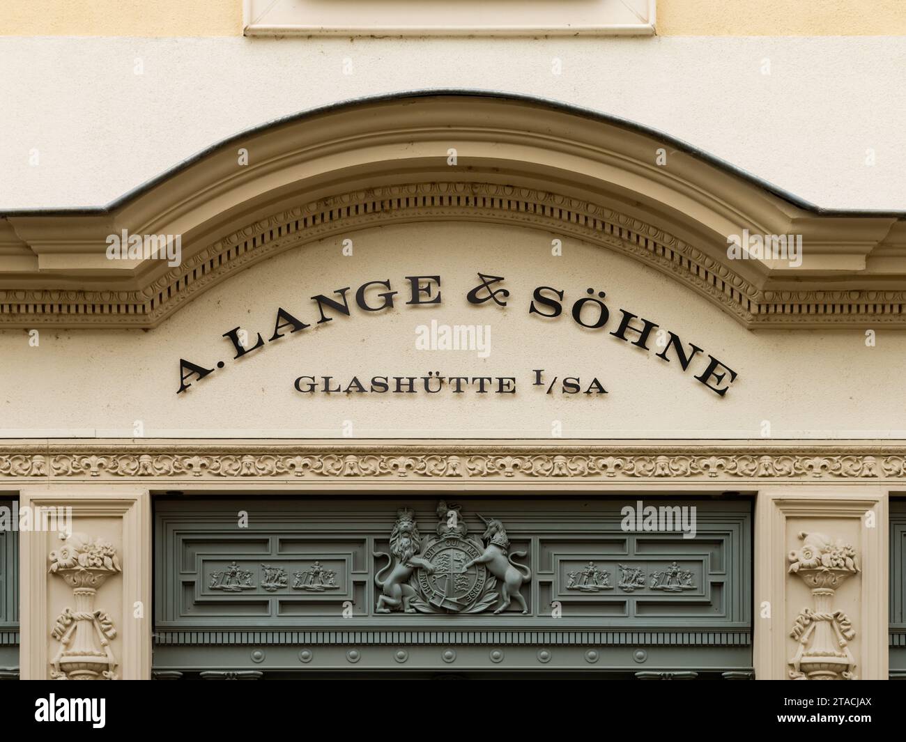 A. Lange und Söhne logo sign on the store facade. Traditional German manufacturer of luxury watches. The company of prestige objects has a boutique. Stock Photo