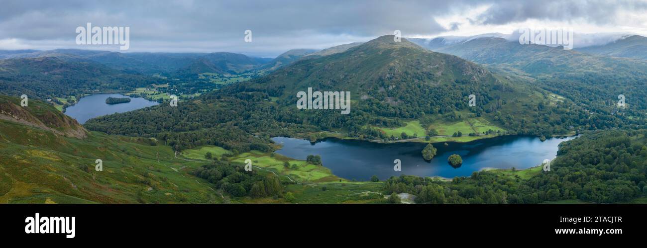 Aerial vista of Grasmere and Rydal Water in the Lake District National Park, Cumbria, England. Autumn (September) 2022. Stock Photo